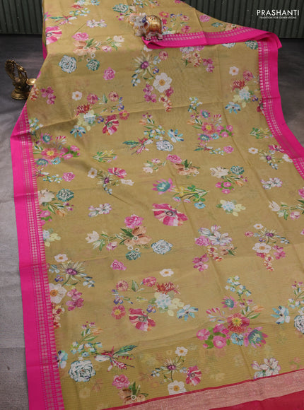 Elaichi Green & Pink Kota Silk Cotton Saree - Floral Prints