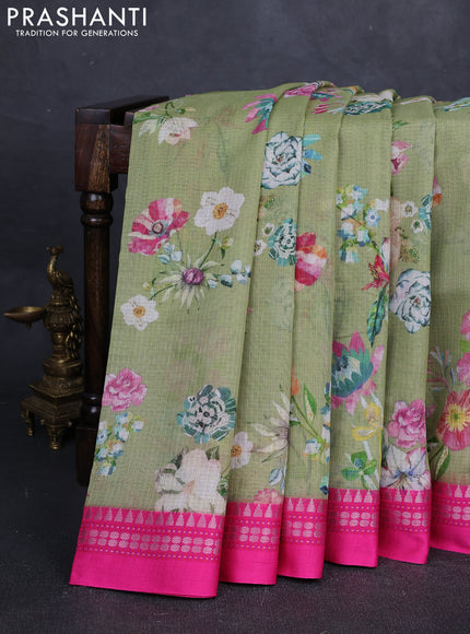 Pista Green & Pink  Kota Silk Cotton Saree - Floral Prints