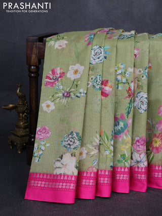 Pista Green & Pink  Kota Silk Cotton Saree - Floral Prints