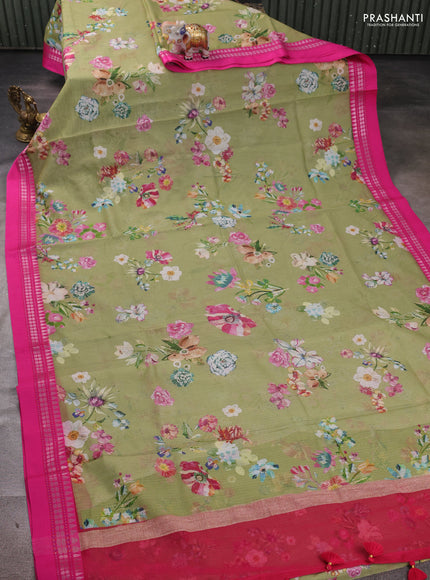Pista Green & Pink  Kota Silk Cotton Saree - Floral Prints