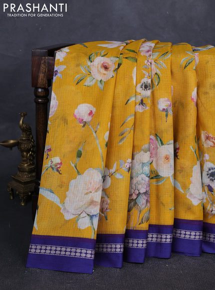 Yellow & Blue Kota Silk Cotton Saree - Floral Prints