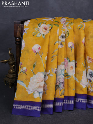 Yellow & Blue Kota Silk Cotton Saree - Floral Prints