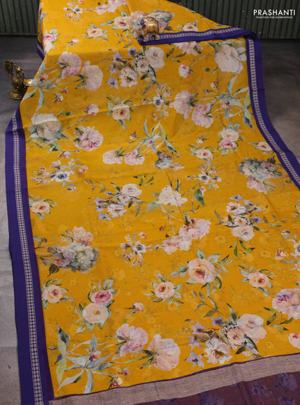 Yellow & Blue Kota Silk Cotton Saree - Floral Prints