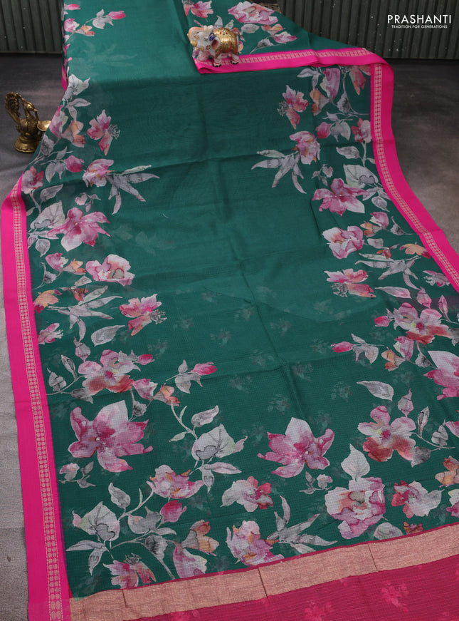Green & Pink Kota Silk Cotton Saree - Floral Prints