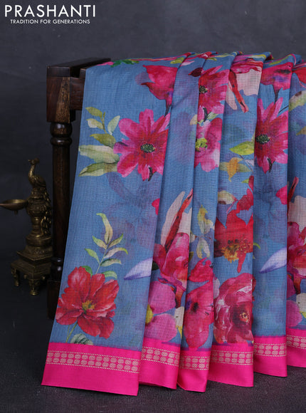 Grey & Pink Kota Silk Cotton Saree - Floral Prints