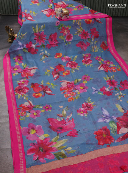 Grey & Pink Kota Silk Cotton Saree - Floral Prints