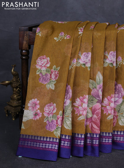 Sandal & Blue Kota Silk Cotton Saree - Floral Prints