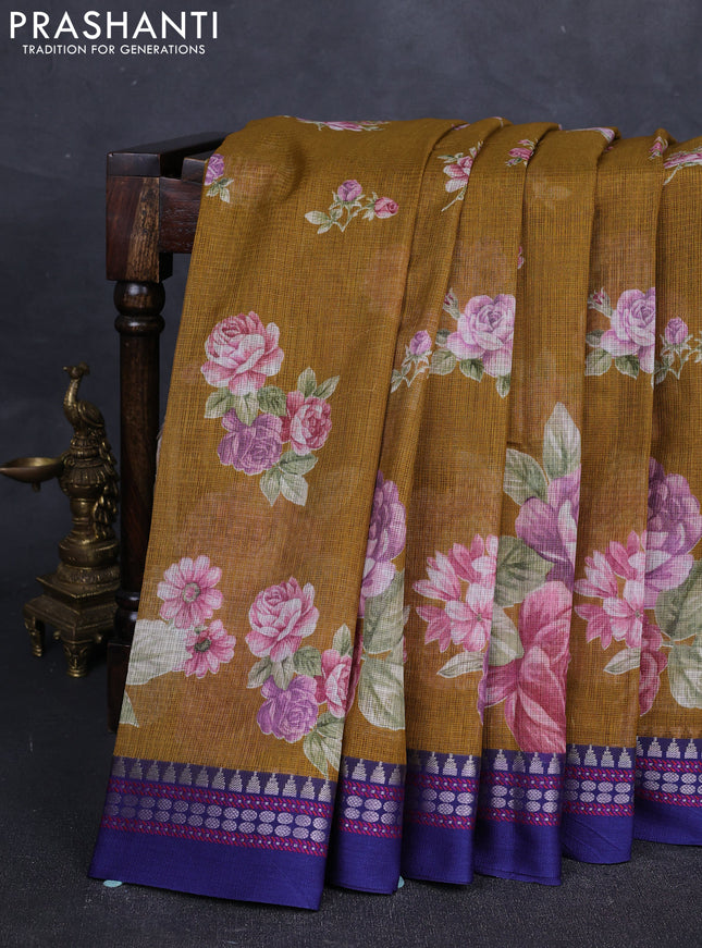 Sandal & Blue Kota Silk Cotton Saree - Floral Prints