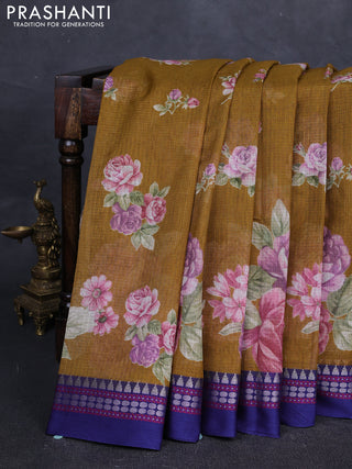 Sandal & Blue Kota Silk Cotton Saree - Floral Prints