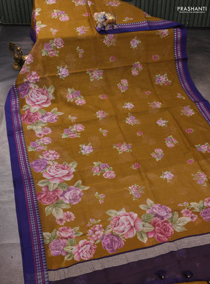 Sandal & Blue Kota Silk Cotton Saree - Floral Prints