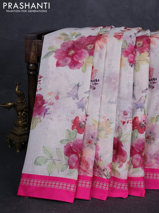Off White  & Pink Kota Silk Cotton Saree - Floral Prints