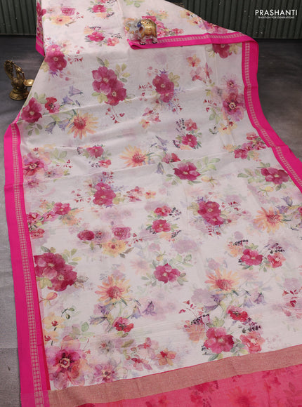 Off White  & Pink Kota Silk Cotton Saree - Floral Prints