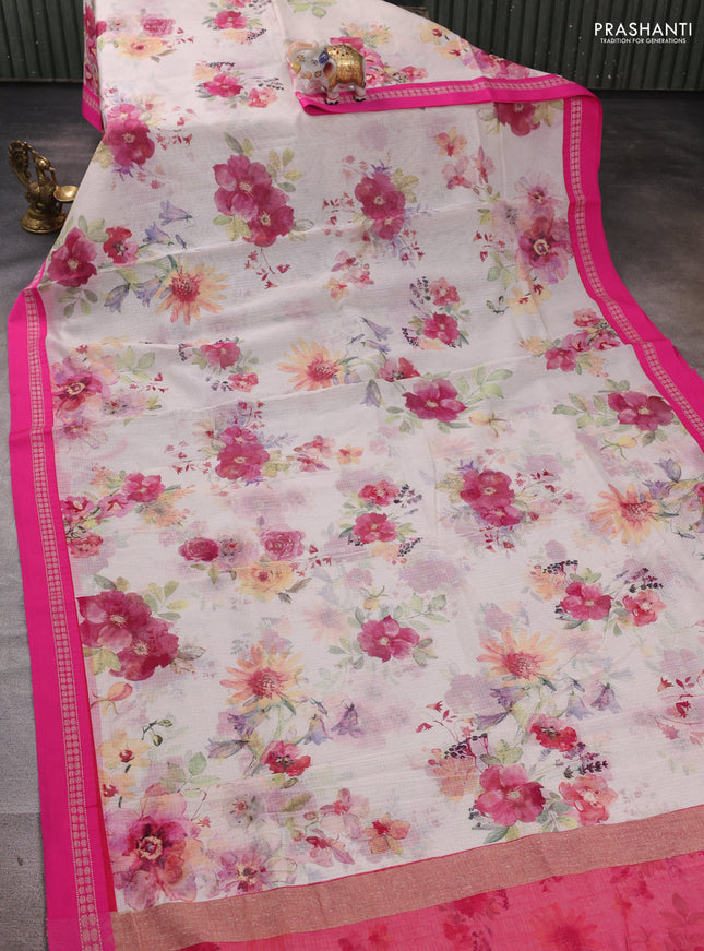 Off White  & Pink Kota Silk Cotton Saree - Floral Prints