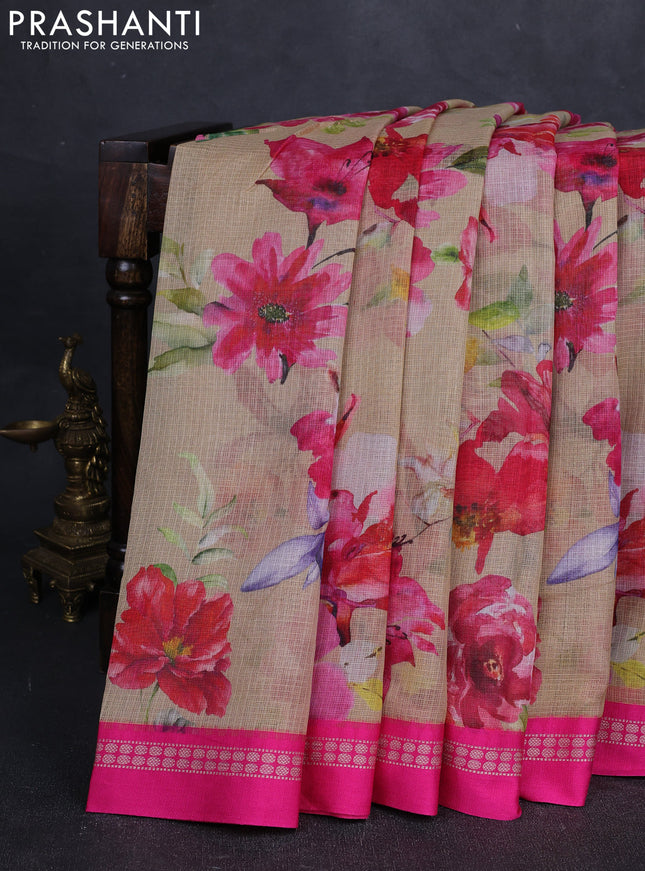 Beige & Pink Kota Silk Cotton Saree - Floral Prints