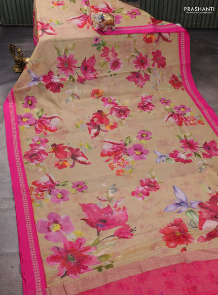Beige & Pink Kota Silk Cotton Saree - Floral Prints