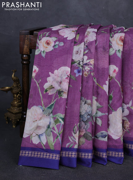 Purple & Blue Kota Silk Cotton Saree - Floral Prints