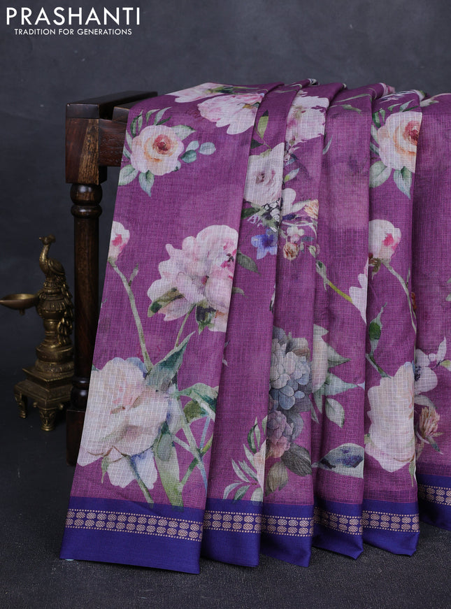 Purple & Blue Kota Silk Cotton Saree - Floral Prints