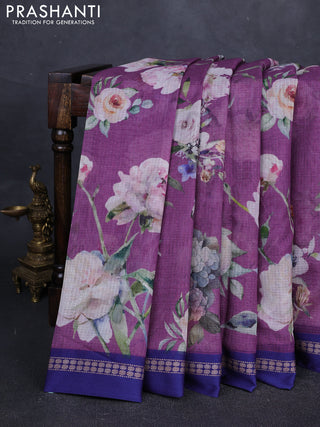 Purple & Blue Kota Silk Cotton Saree - Floral Prints