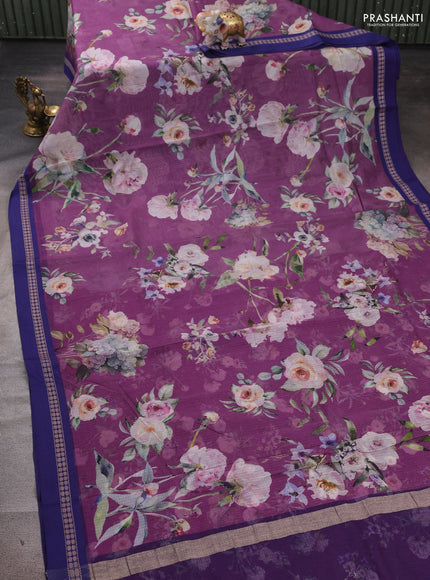 Purple & Blue Kota Silk Cotton Saree - Floral Prints