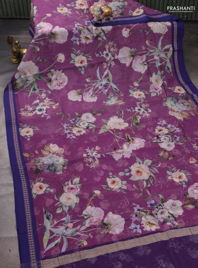 Purple & Blue Kota Silk Cotton Saree - Floral Prints