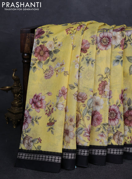 Yellow & Black Kota Silk Cotton Saree - Floral Prints