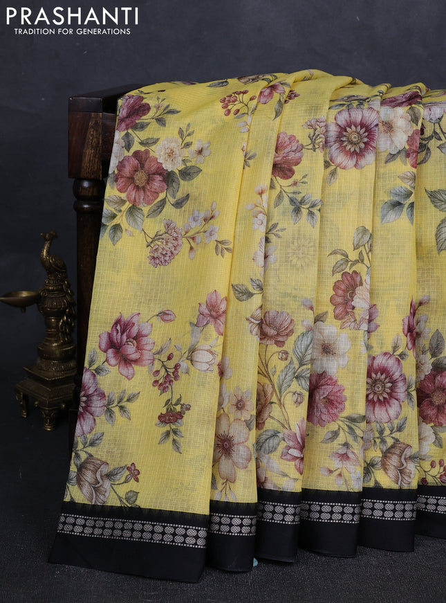 Yellow & Black Kota Silk Cotton Saree - Floral Prints