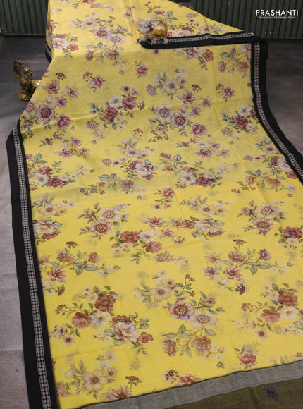 Yellow & Black Kota Silk Cotton Saree - Floral Prints