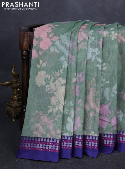 Green & Blue Kota Silk Cotton Saree - Floral Prints