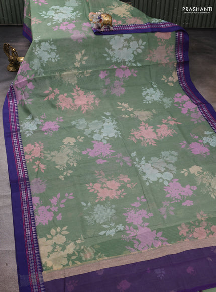 Green & Blue Kota Silk Cotton Saree - Floral Prints