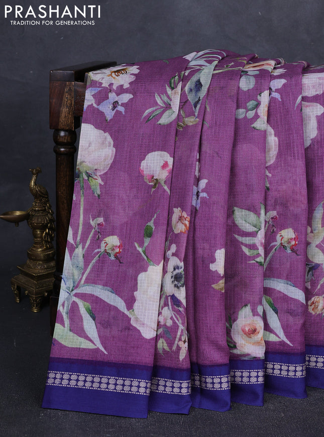 Purple & Blue Kota Silk Cotton Saree - Floral Prints
