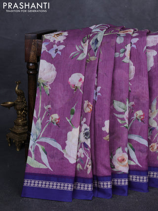 Purple & Blue Kota Silk Cotton Saree - Floral Prints