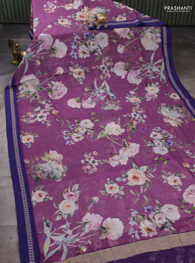 Purple & Blue Kota Silk Cotton Saree - Floral Prints