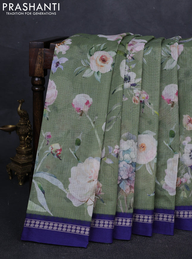 Green & Blue Kota Silk Cotton Saree - Floral Prints