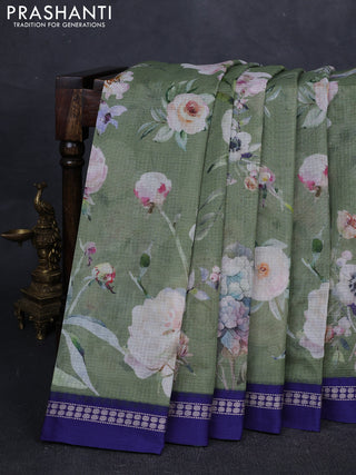 Green & Blue Kota Silk Cotton Saree - Floral Prints