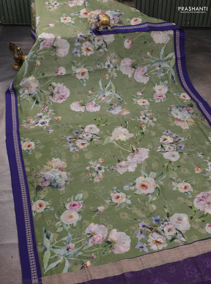 Green & Blue Kota Silk Cotton Saree - Floral Prints