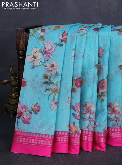 Cs Blue & Pink Kota Silk Cotton Saree - Floral Prints