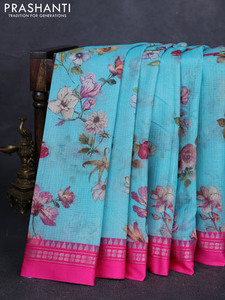 Cs Blue & Pink Kota Silk Cotton Saree - Floral Prints