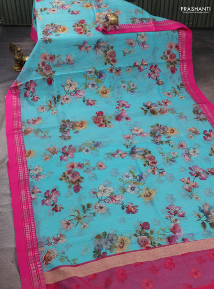 Cs Blue & Pink Kota Silk Cotton Saree - Floral Prints