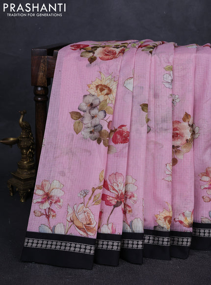 Pink & Black Kota Silk Cotton Saree - Floral Prints