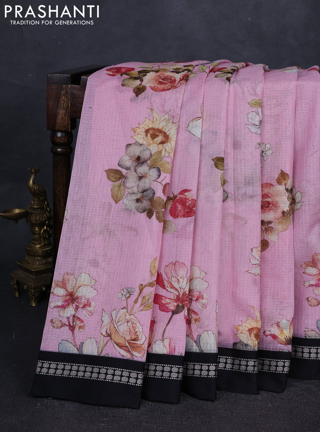 Pink & Black Kota Silk Cotton Saree - Floral Prints