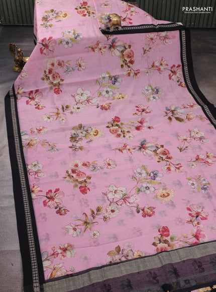 Pink & Black Kota Silk Cotton Saree - Floral Prints