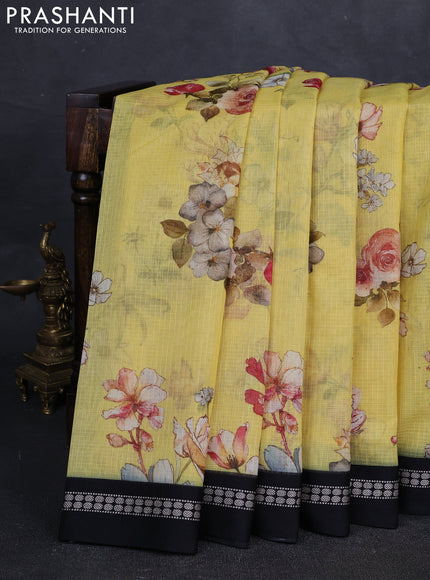 Yellow & Black Kota Silk Cotton Saree - Floral Prints