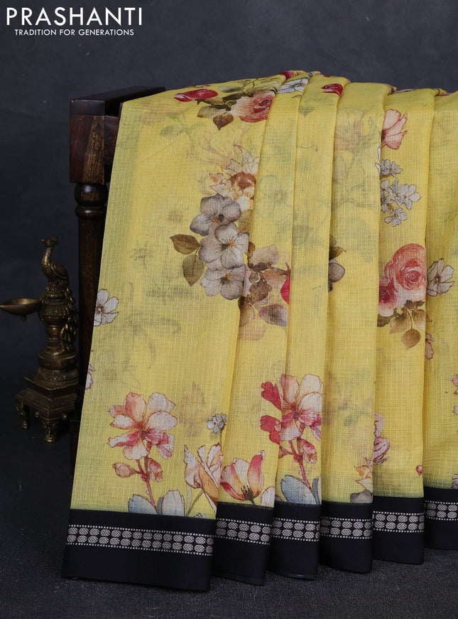 Yellow & Black Kota Silk Cotton Saree - Floral Prints