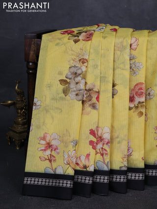 Yellow & Black Kota Silk Cotton Saree - Floral Prints