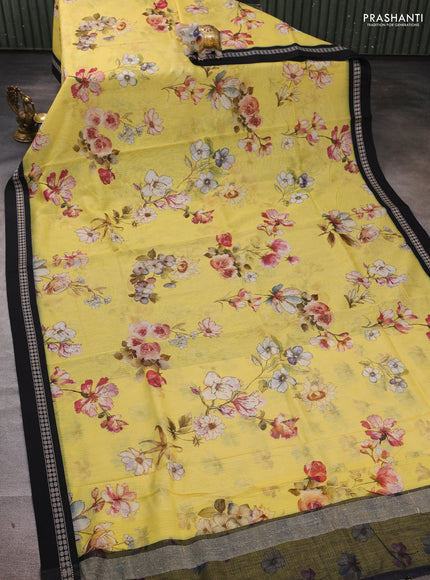Yellow & Black Kota Silk Cotton Saree - Floral Prints