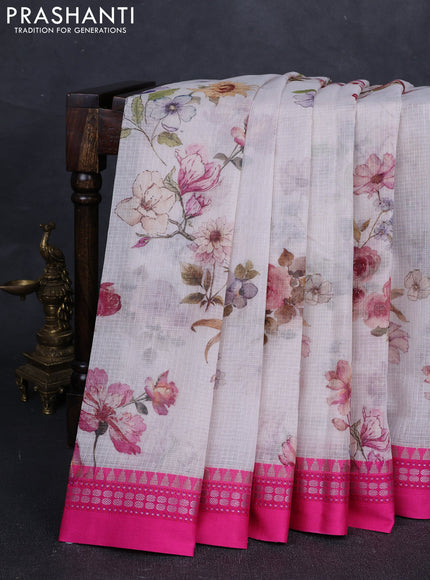 Off White & Pink  Kota Silk Cotton Saree - Floral Prints