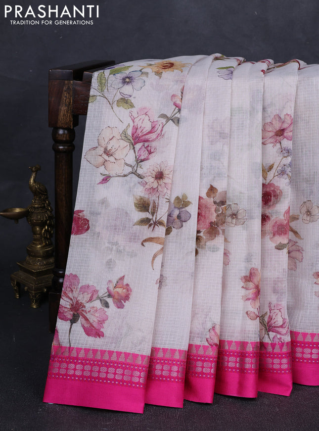 Off White & Pink  Kota Silk Cotton Saree - Floral Prints