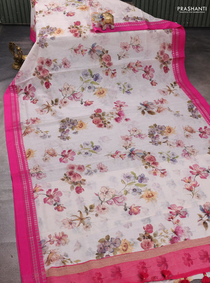 Off White & Pink  Kota Silk Cotton Saree - Floral Prints
