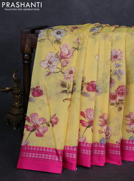 Yellow & Pink  Kota Silk Cotton Saree - Floral Prints