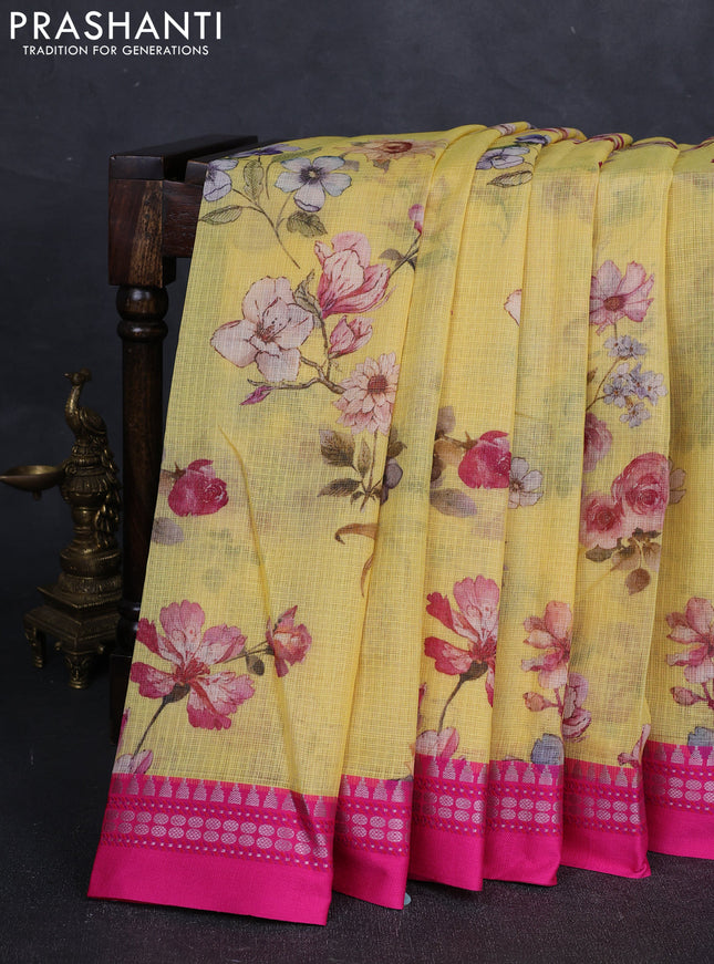 Yellow & Pink  Kota Silk Cotton Saree - Floral Prints